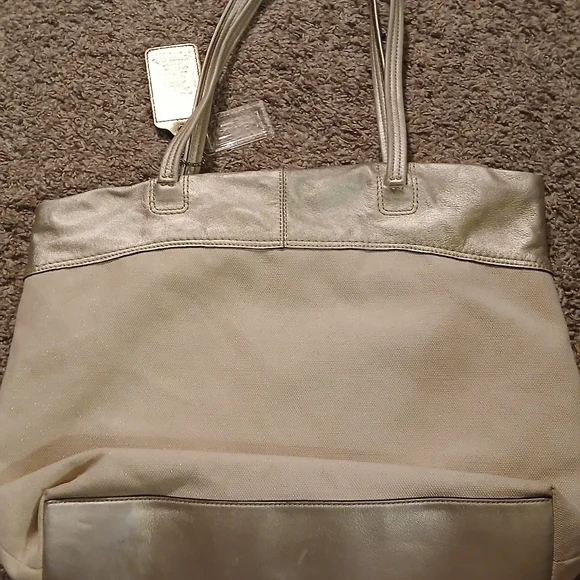 Coach Julia Perry Op Art Tote Ivory Shimmer Canvas Metallic Leather Bag EUC Rare - Picture 8 of 14